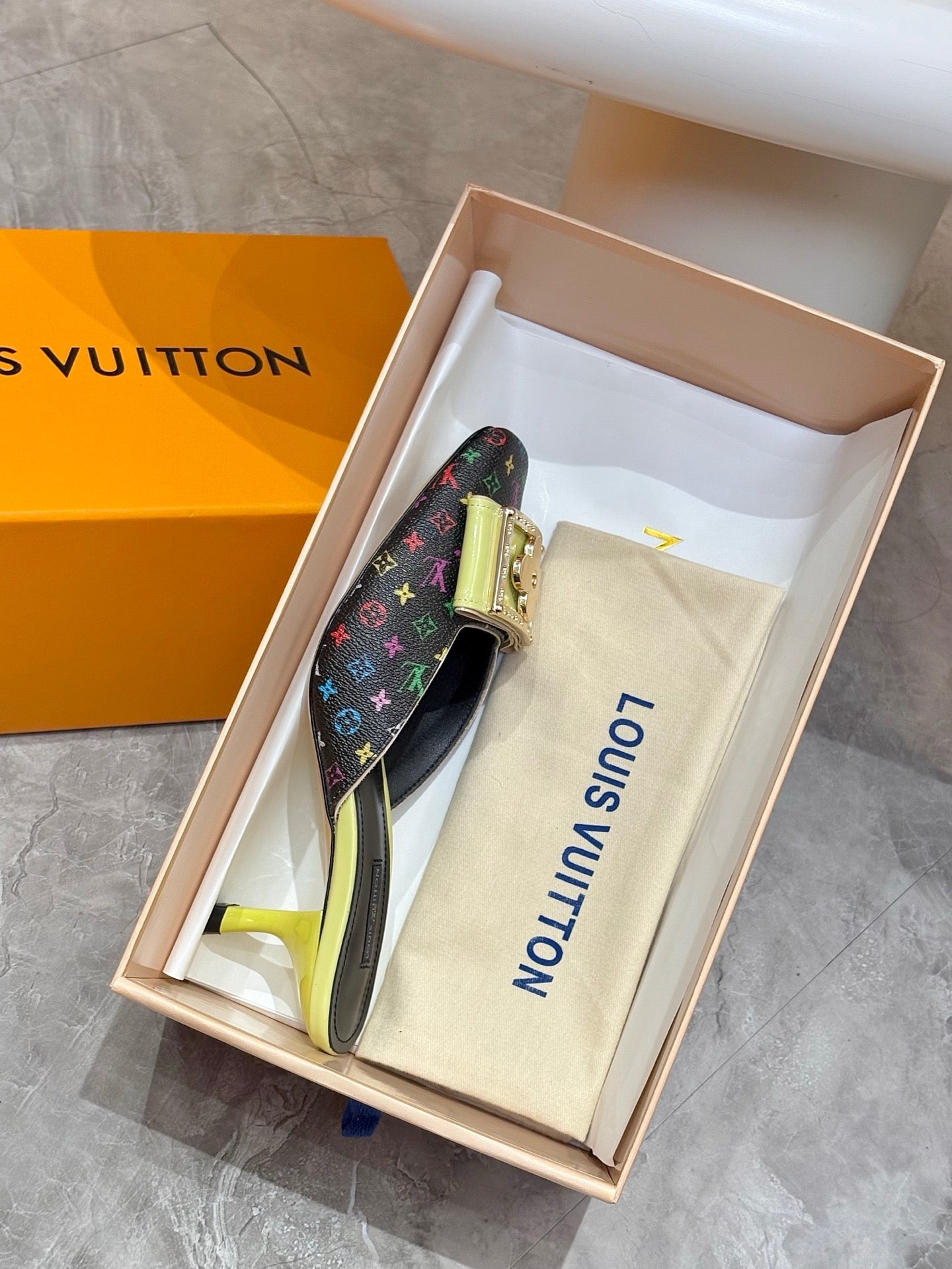 LV 26ss High-Heeled Mules 60 Black Lemon Yellow Multicolor Cowhide 664880