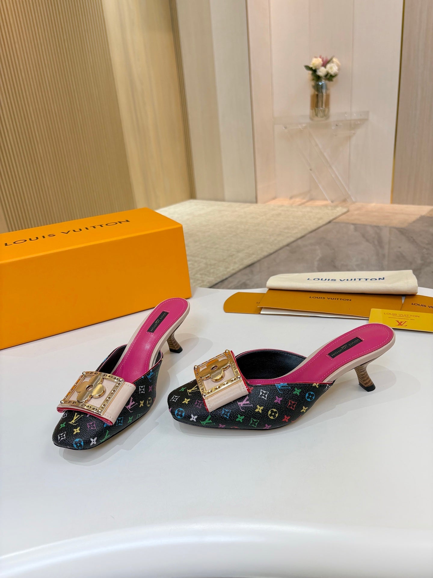 LV 26ss High-Heeled Mules 60 Black Pink Multicolor Monogram Cowhide 664883
