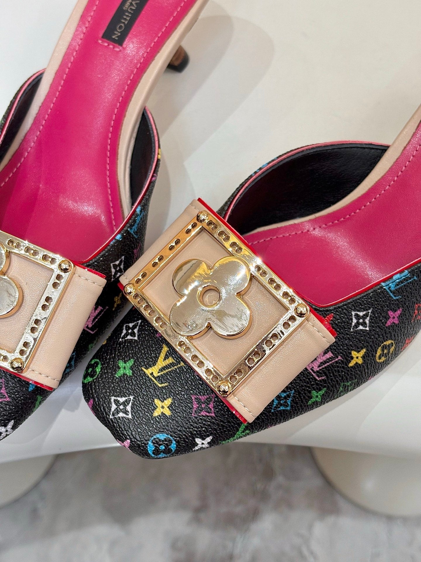 LV 26ss High-Heeled Mules 60 Black Pink Multicolor Monogram Cowhide 664883