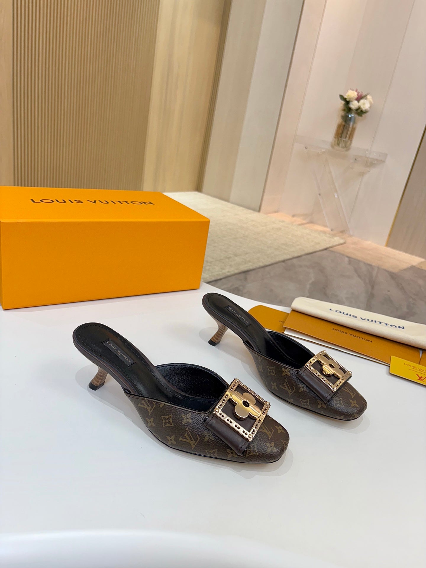 LV 26ss High-Heeled Mules 60 Brown Black Monogram Cowhide 664884