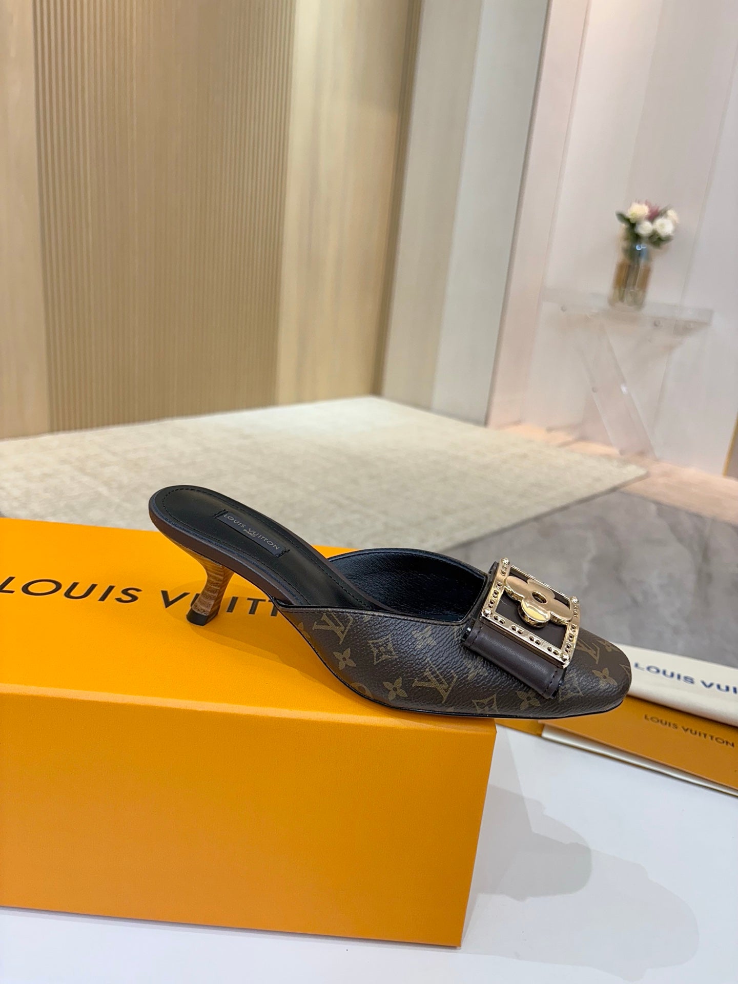 LV 26ss High-Heeled Mules 60 Brown Black Monogram Cowhide 664884
