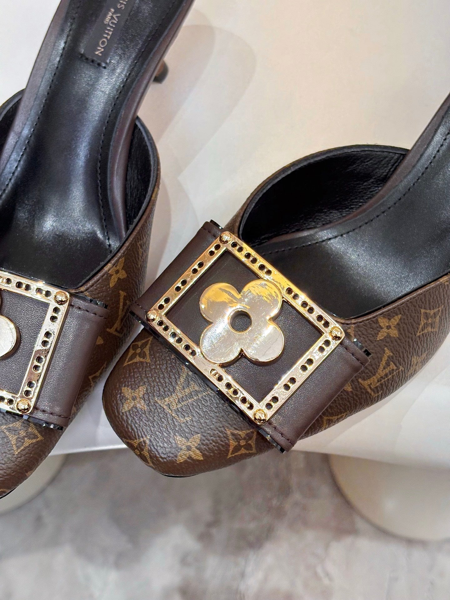 LV 26ss High-Heeled Mules 60 Brown Black Monogram Cowhide 664884