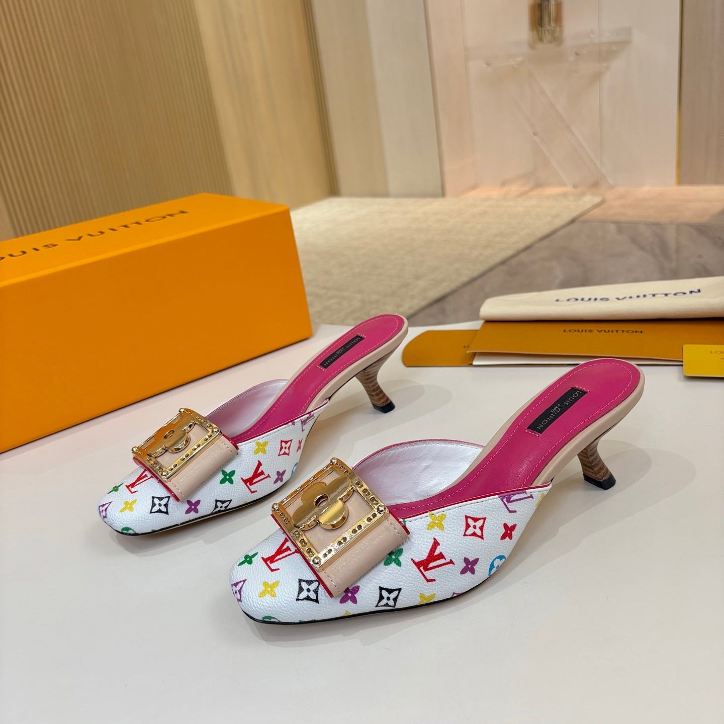 LV 26ss High-Heeled Mules 60 White Multicolor Monogram Cowhide 664885