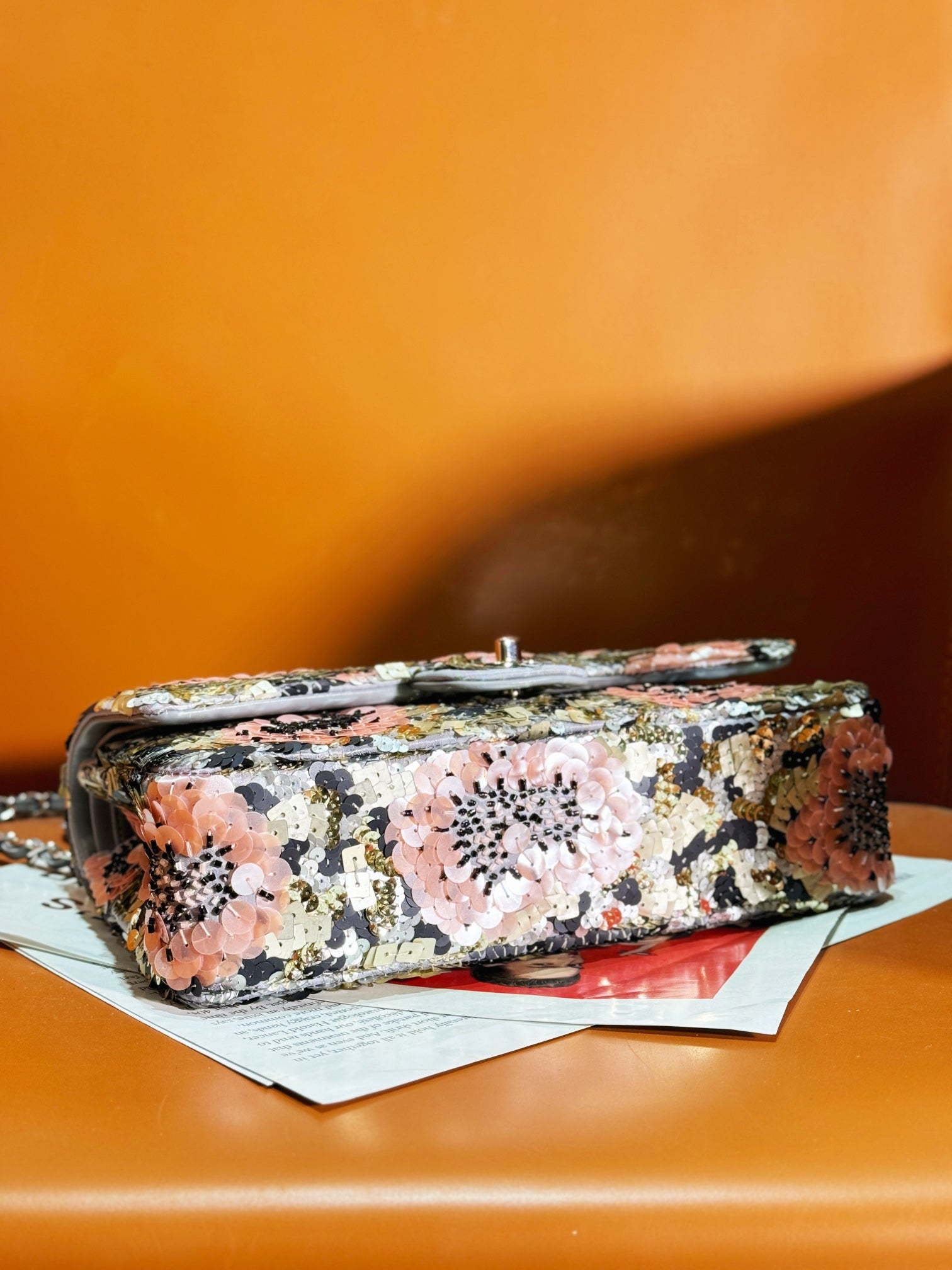 24S Flap Bag 25.5cm Multicolor Sequin Pink Flower Pearl Caflskin