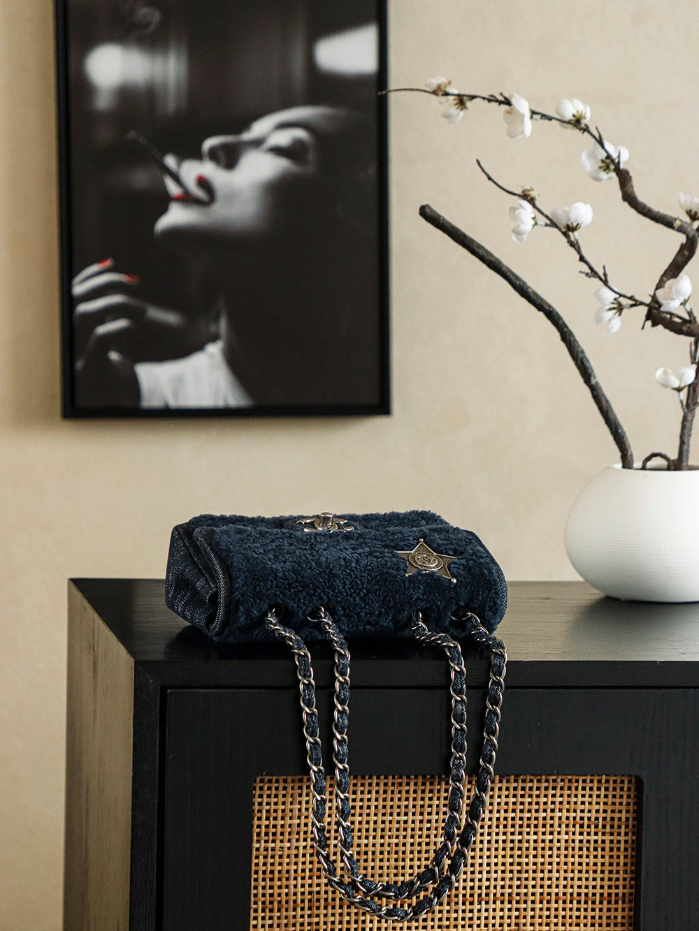 Chanel 2025 Dallas Shearling Star Bag 21cm Navy Blue Wool Denim 318220