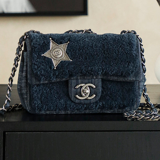 Chanel 2025 Dallas Shearling Star Bag 21cm Navy Blue Wool Denim 318220