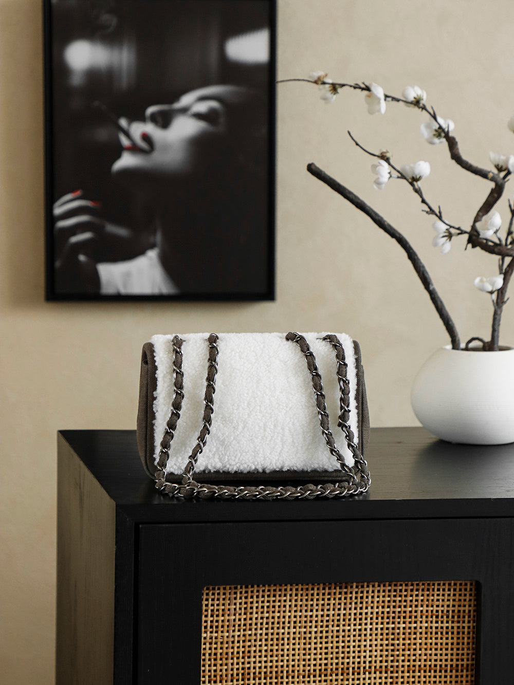 Chanel 2025 Dallas Shearling Star Bag 21cm White Dark Wool Denim 318221