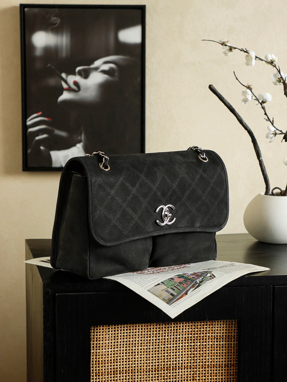 Chanel 25 Classic Single Flap Bag 35cm Black Leather 323477