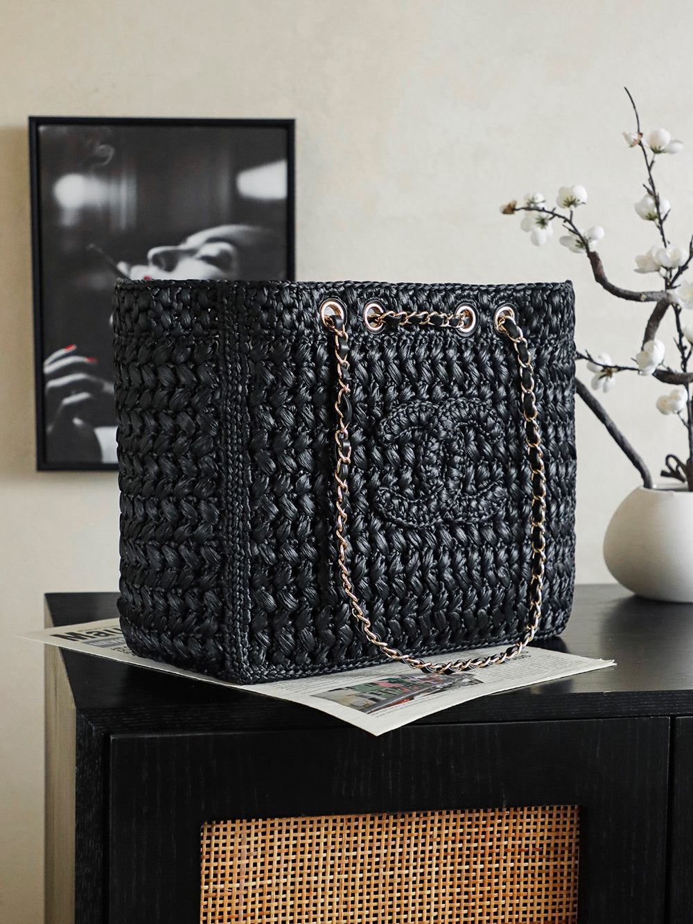 Chanel 2026 Coco Beach Shopping Bag 35cm Black Raffia