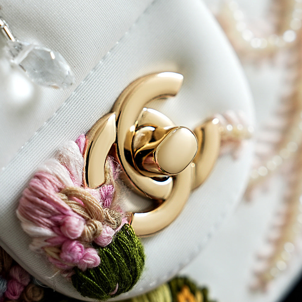 Chanel 2026 Multi-colored Floral Embroidery Bag 25.5cm White Leather