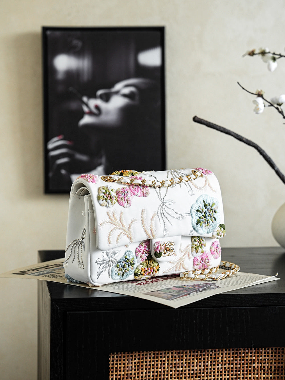 Chanel 2026 Multi-colored Floral Embroidery Bag 25.5cm White Leather