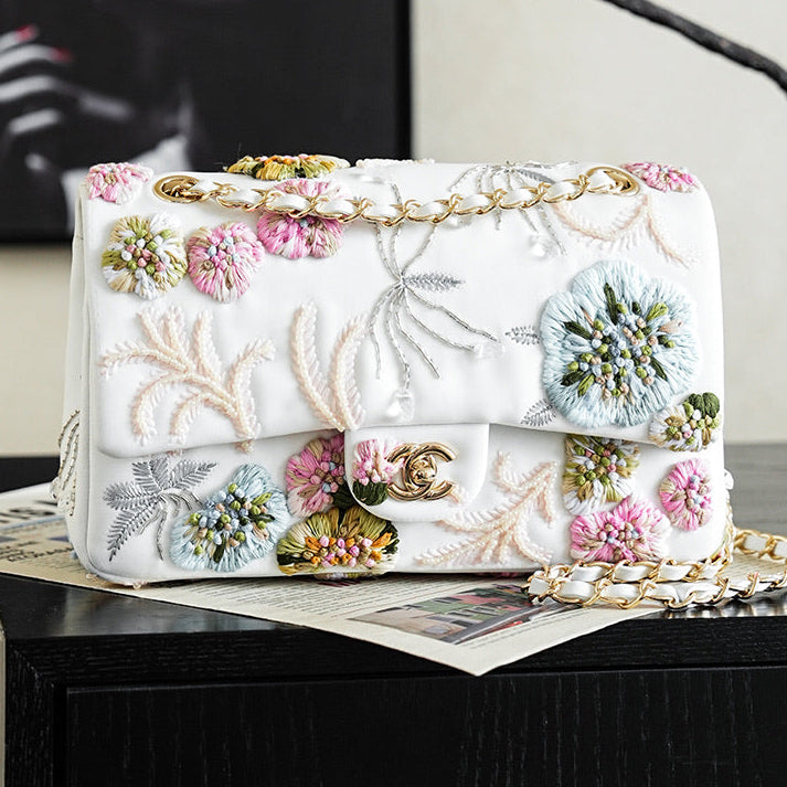Chanel 2026 Multi-colored Floral Embroidery Bag 25.5cm White Leather