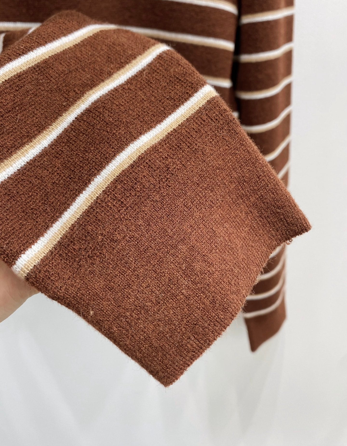Miumiu 2026 V-neck Striped Knit Polo Sweater Brown Wool 244580