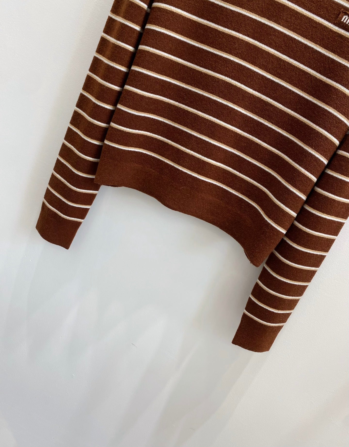 Miumiu 2026 V-neck Striped Knit Polo Sweater Brown Wool 244580