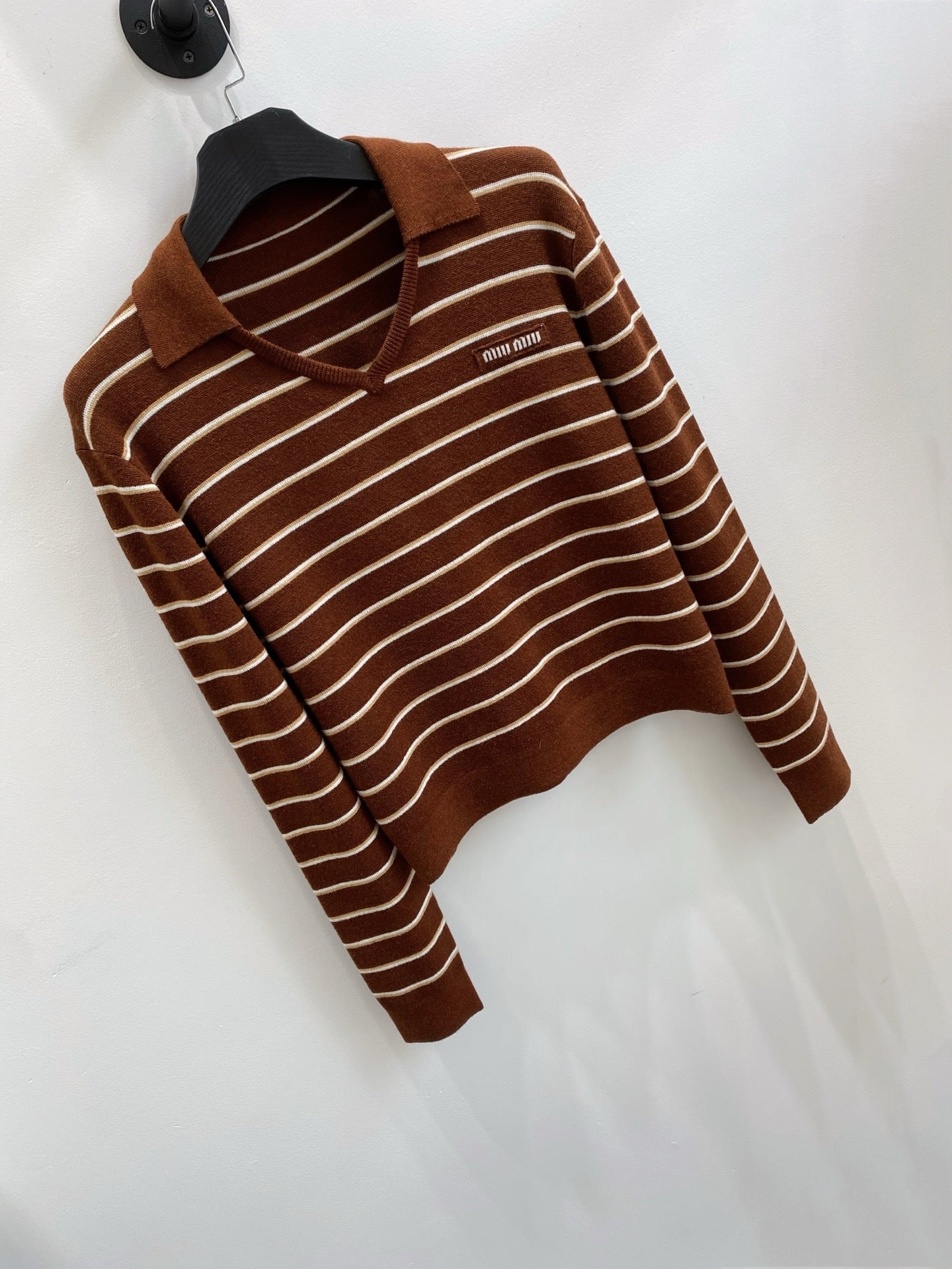 Miumiu 2026 V-neck Striped Knit Polo Sweater Brown Wool 244580