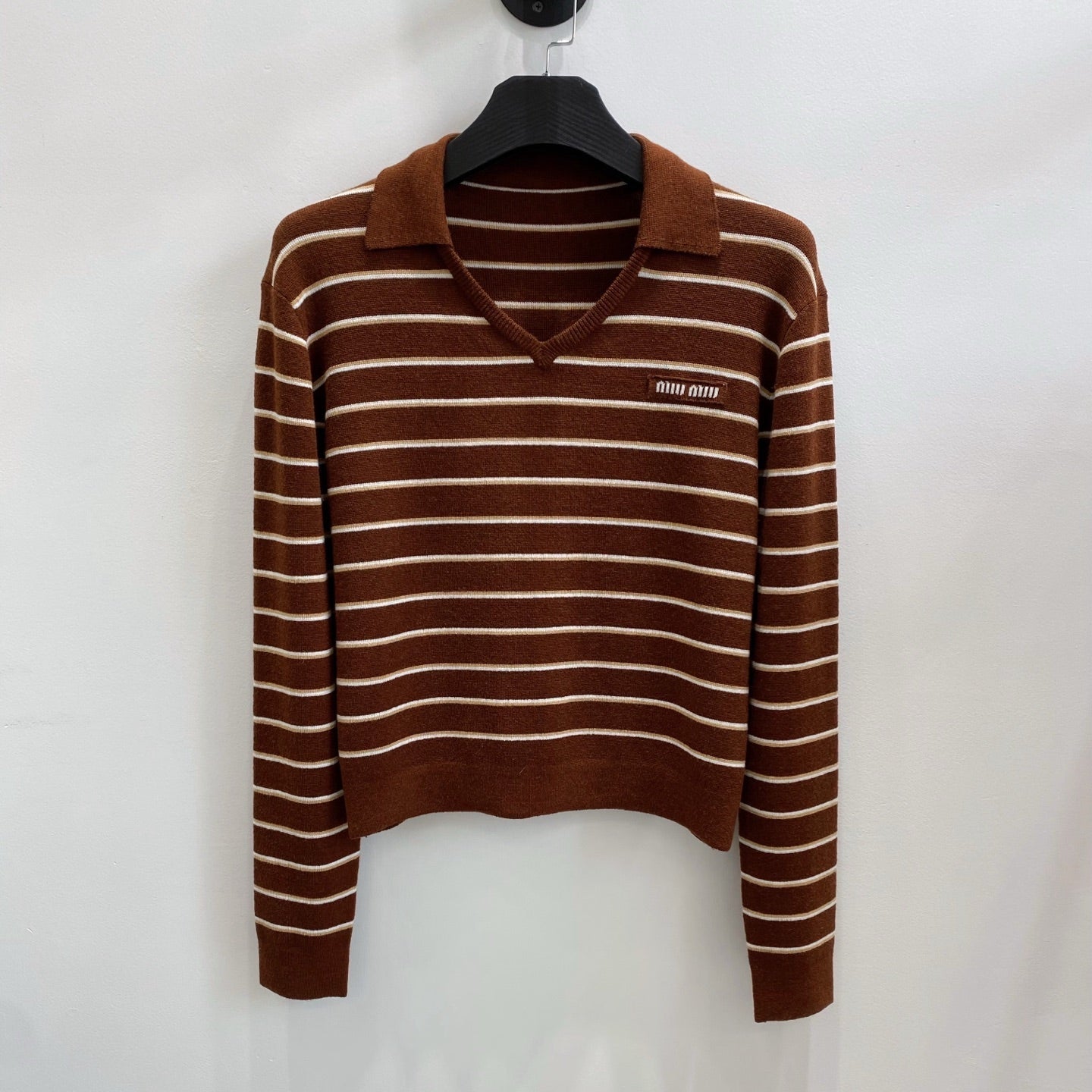 Miumiu 2026 V-neck Striped Knit Polo Sweater Brown Wool 244580