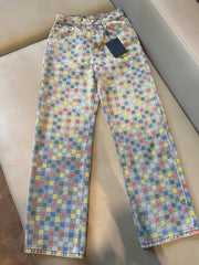 LV Checkerboard Design Jeans Multicolor Cotton