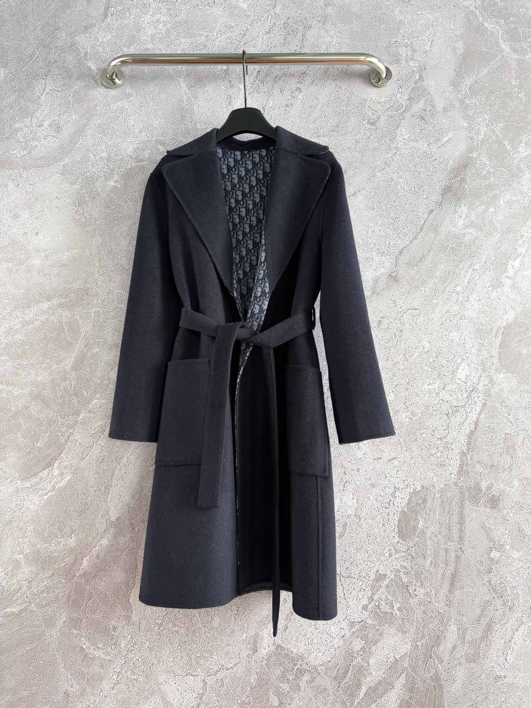 CD Hooded Long Coat Black Wool Silk