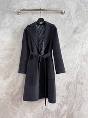 CD Hooded Long Coat Black Wool Silk