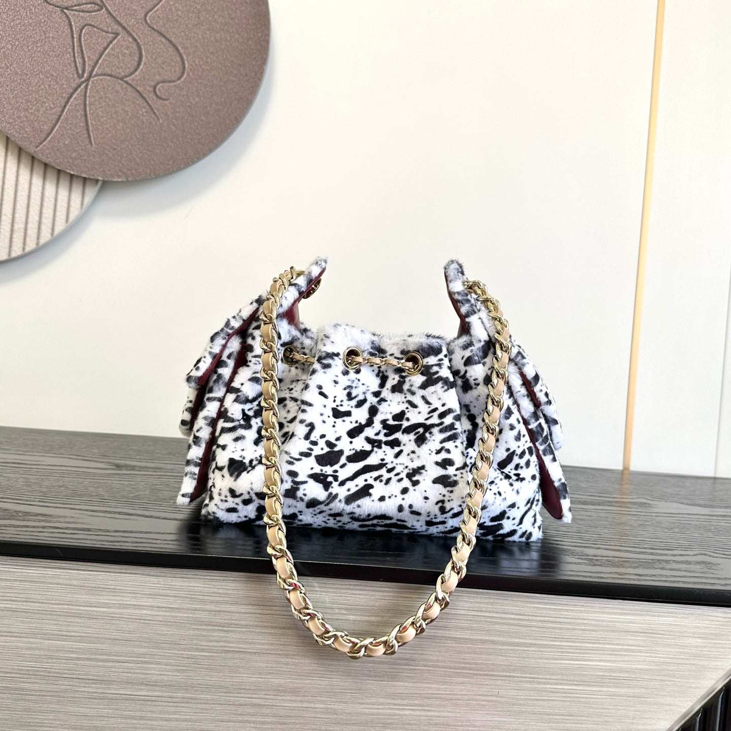 Chanel 2026 Leopard Print Hobo Bag 22cm White Black Ponyhair Leather