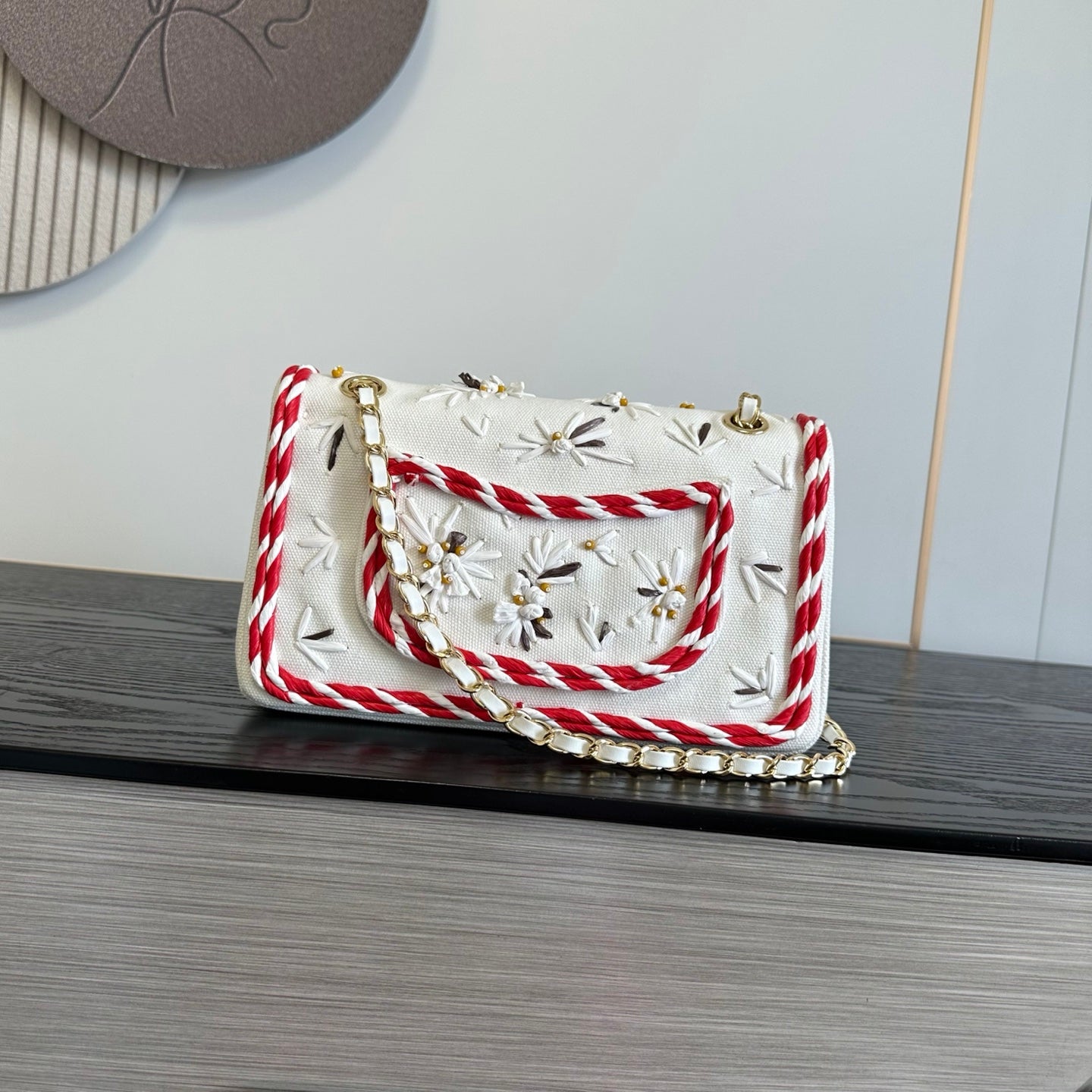 Chanel 2026 Classic 11.12 Bag 25.5cm White Red Woven Leather