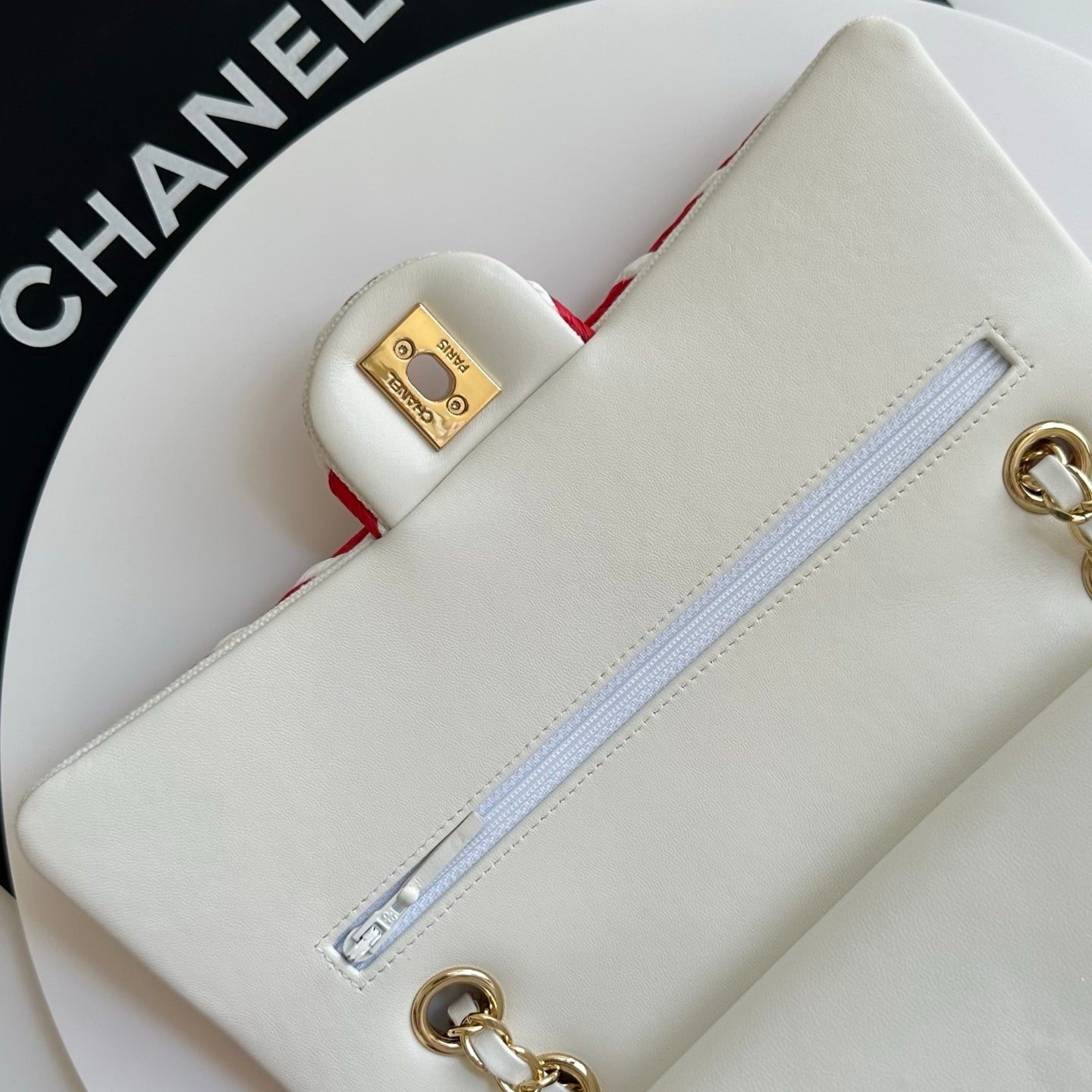 Chanel 2026 Classic 11.12 Bag 25.5cm White Red Woven Leather