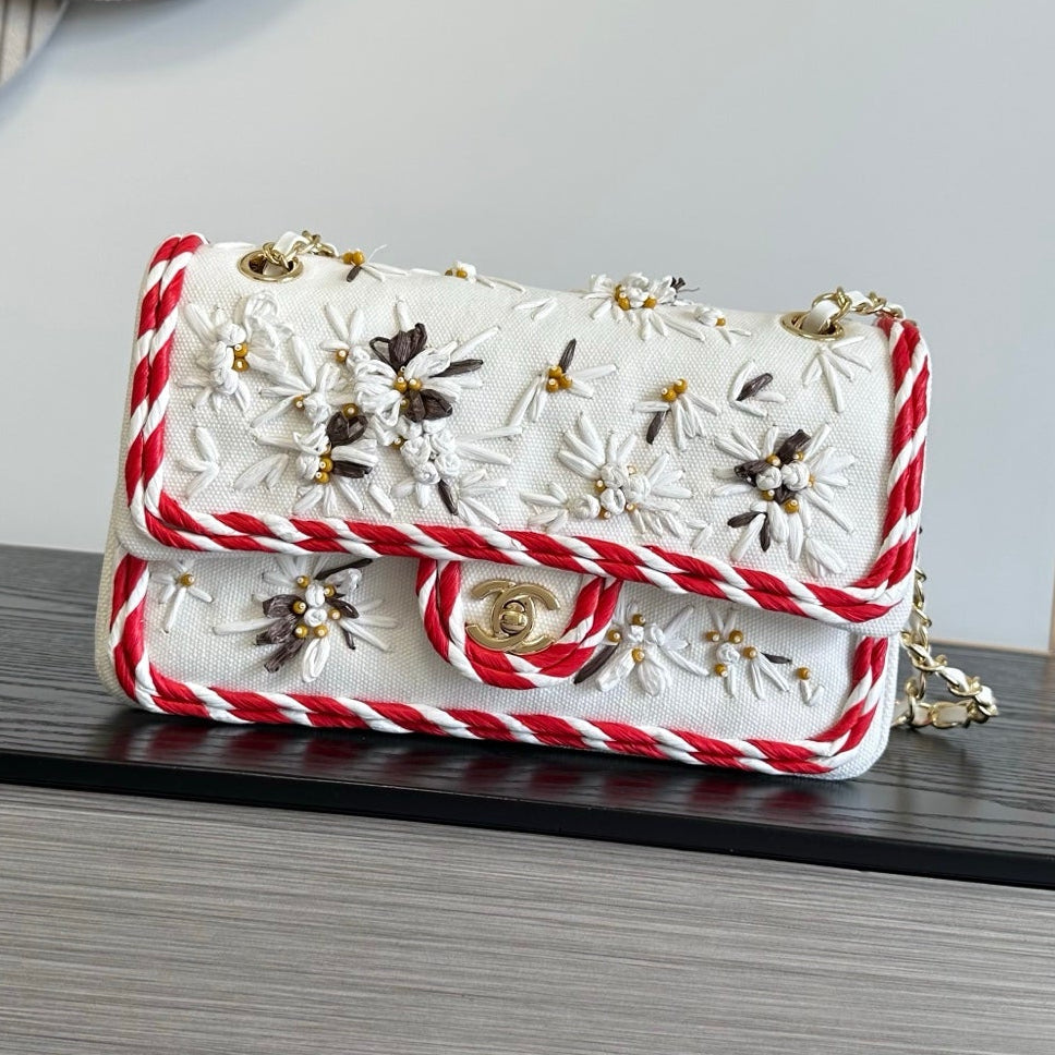 Chanel 2026 Classic 11.12 Bag 25.5cm White Red Woven Leather