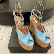 Alaila Wedge Sandals 135mm In Light Blue Glossy Lambskin 954899