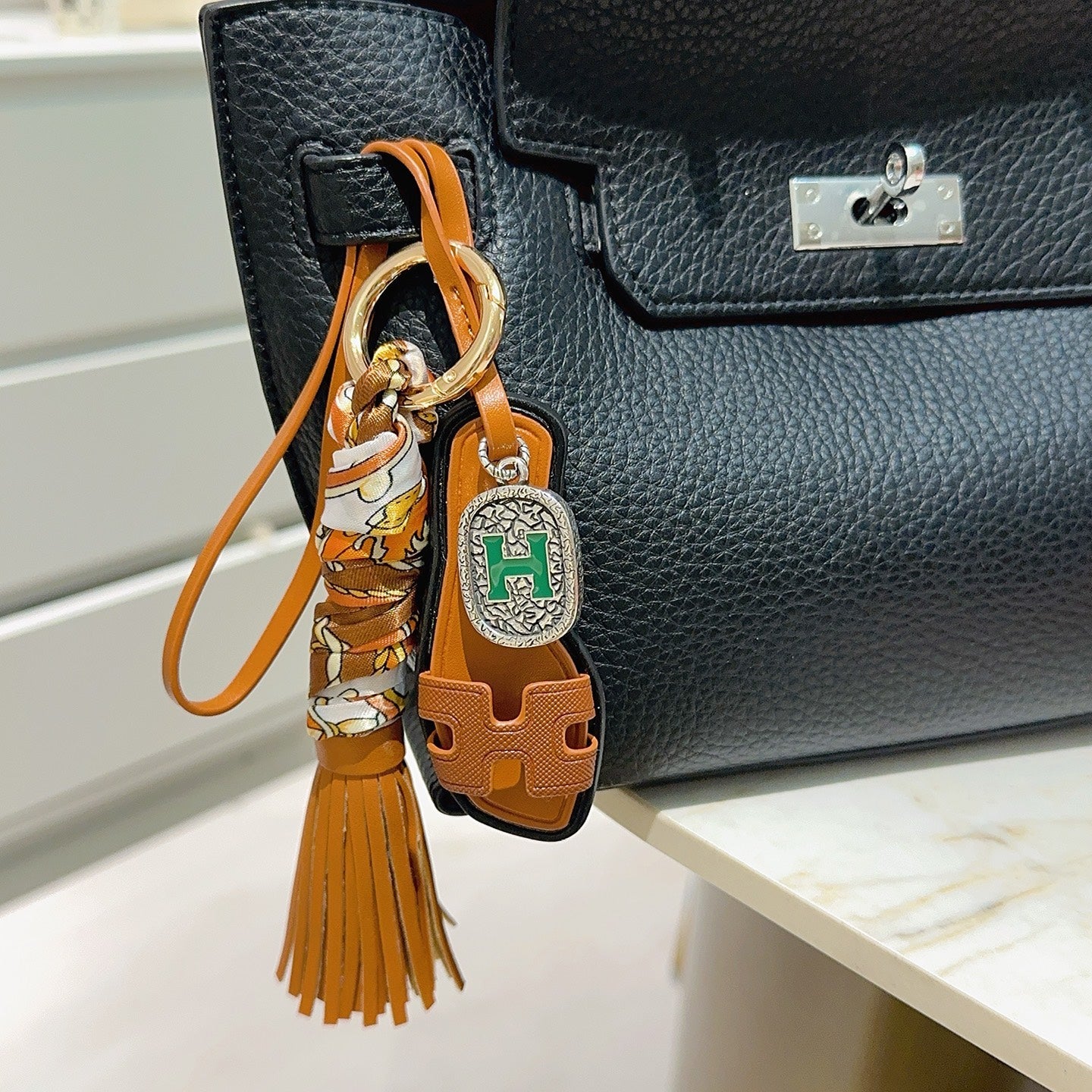 HM Brown Sandal With Twilly Scarf Charm With Silver Logo