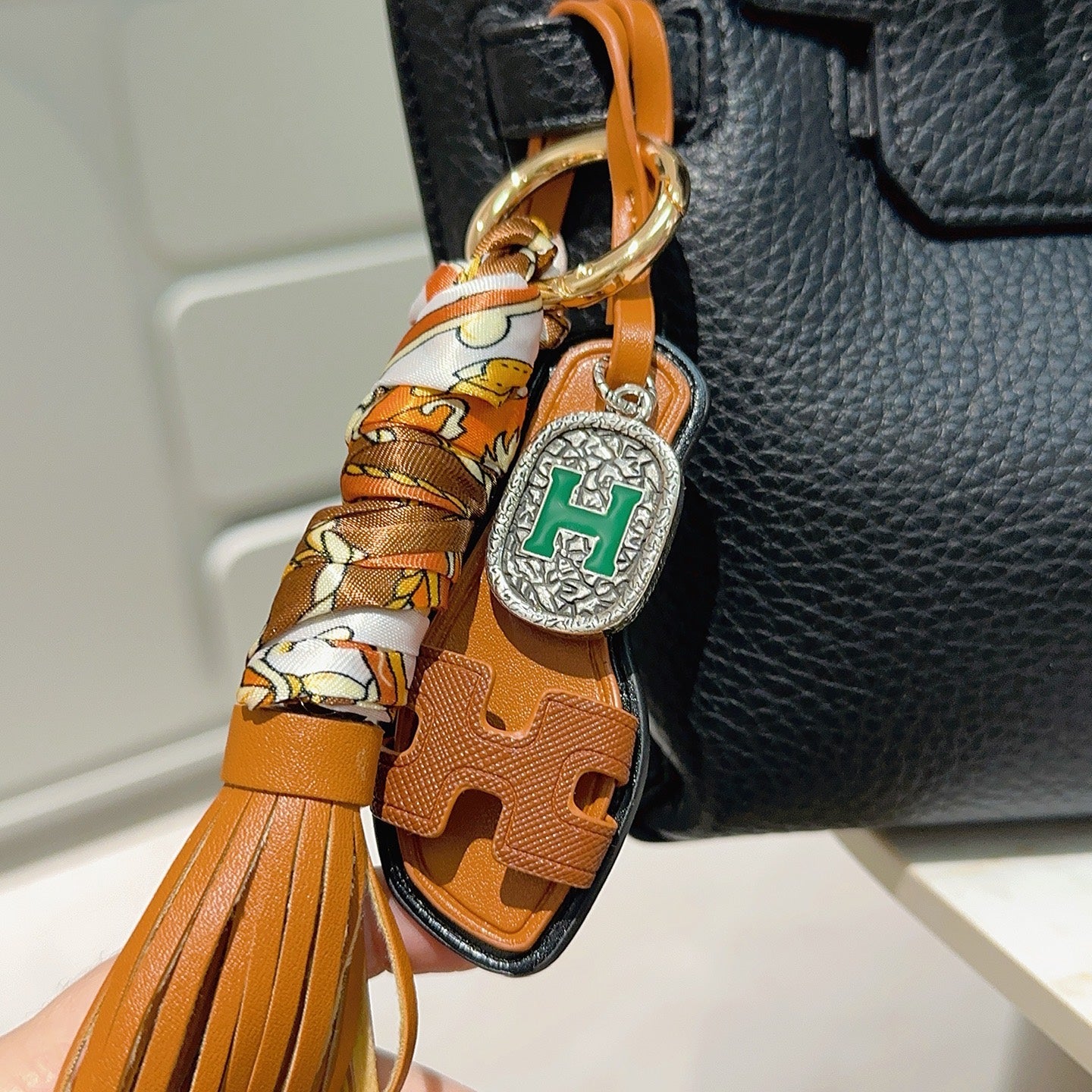 HM Brown Sandal With Twilly Scarf Charm With Silver Logo