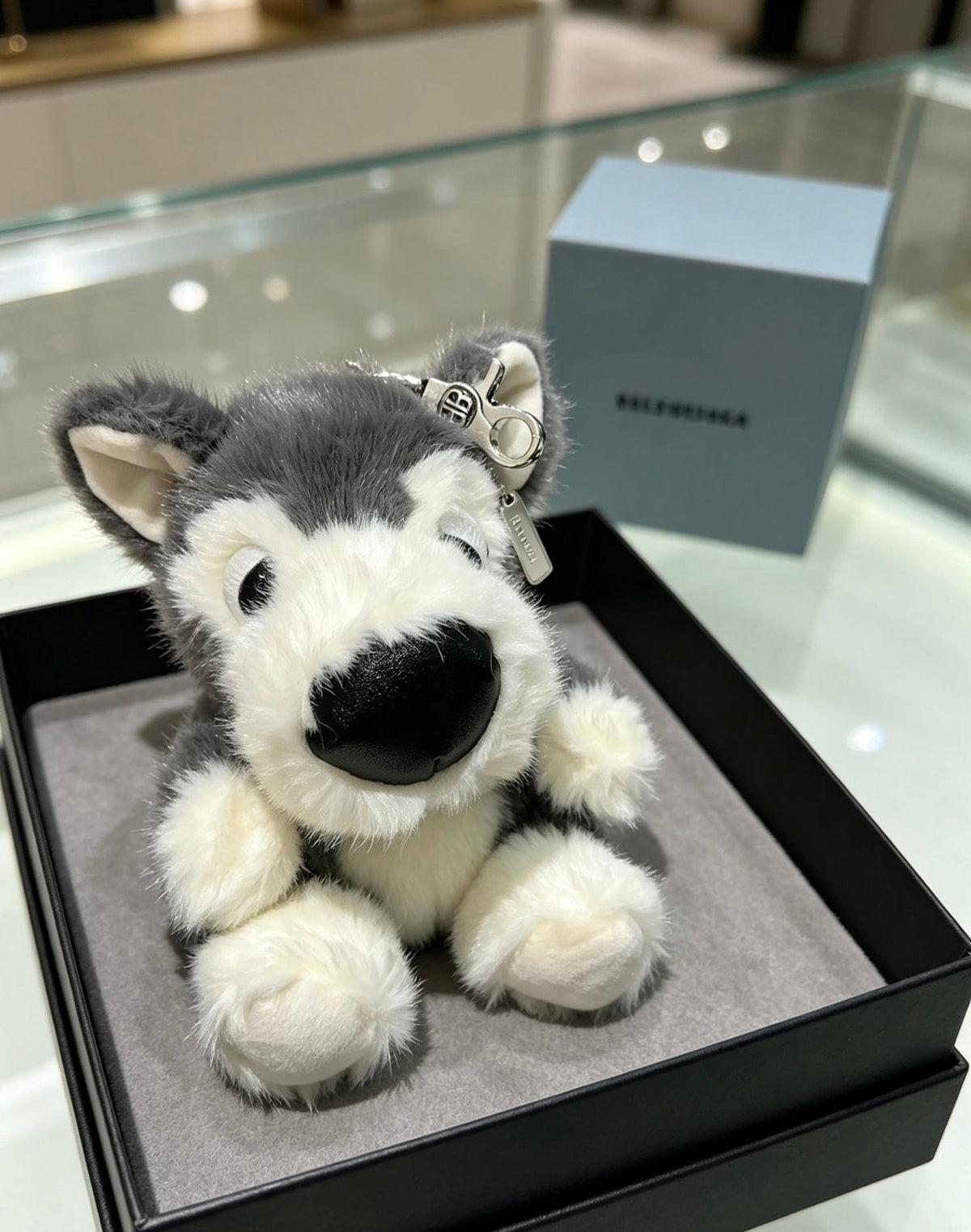 Balenciaga Gray And White Puppy Plush Bag Charm