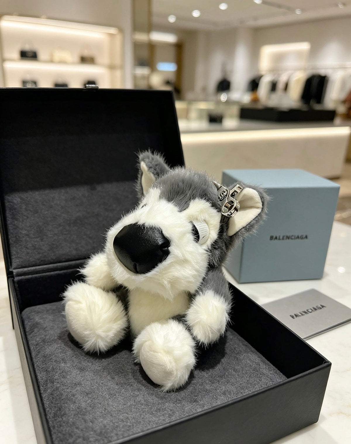 Balenciaga Gray And White Puppy Plush Bag Charm