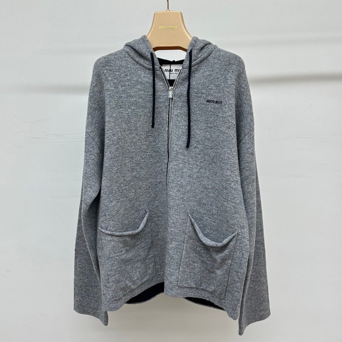 Miumiu 2026 Hooded Knit Cardigan Grey Cashmere