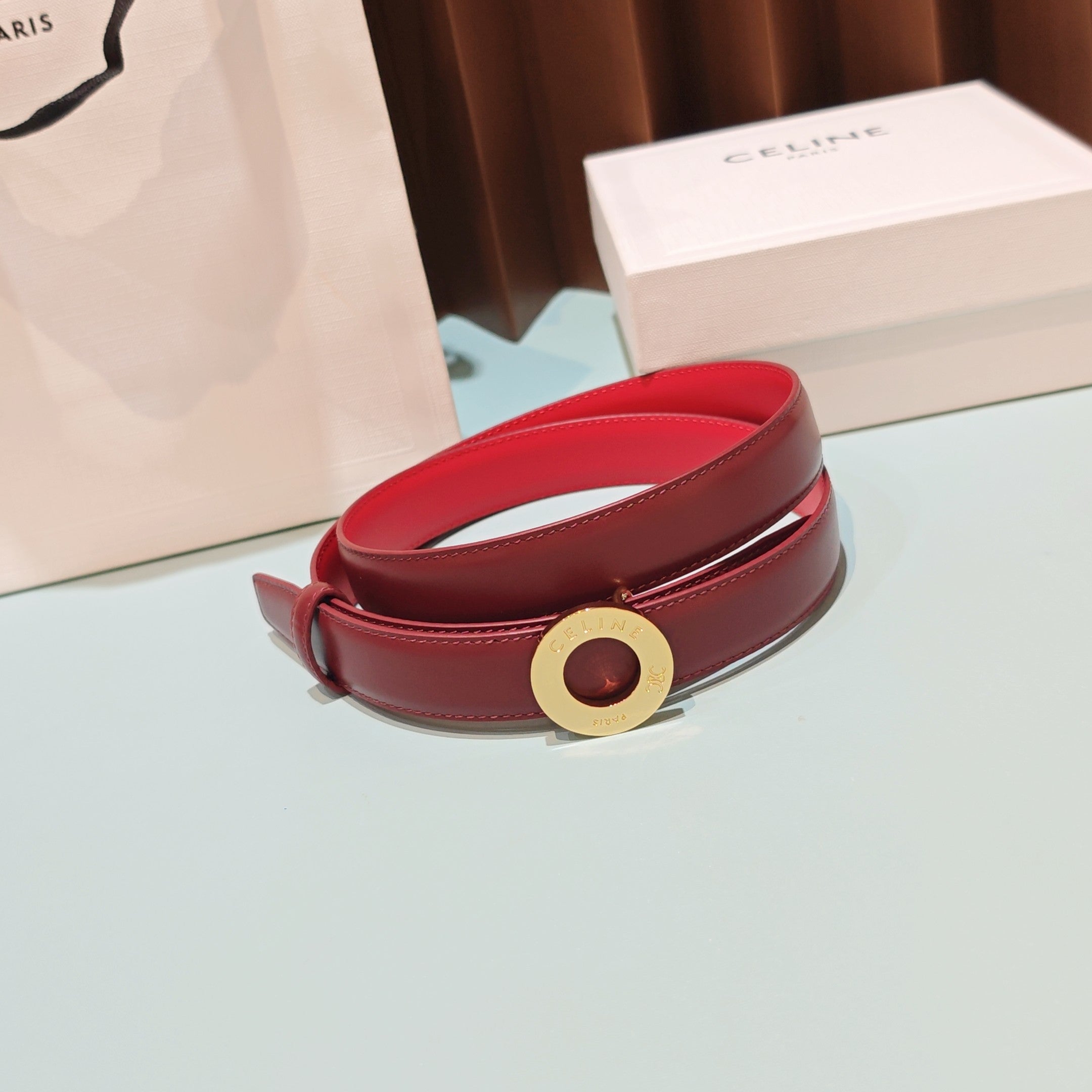 Celine 2026 Disc Buckle Reversible Strap Belt 25mm Leather 196682