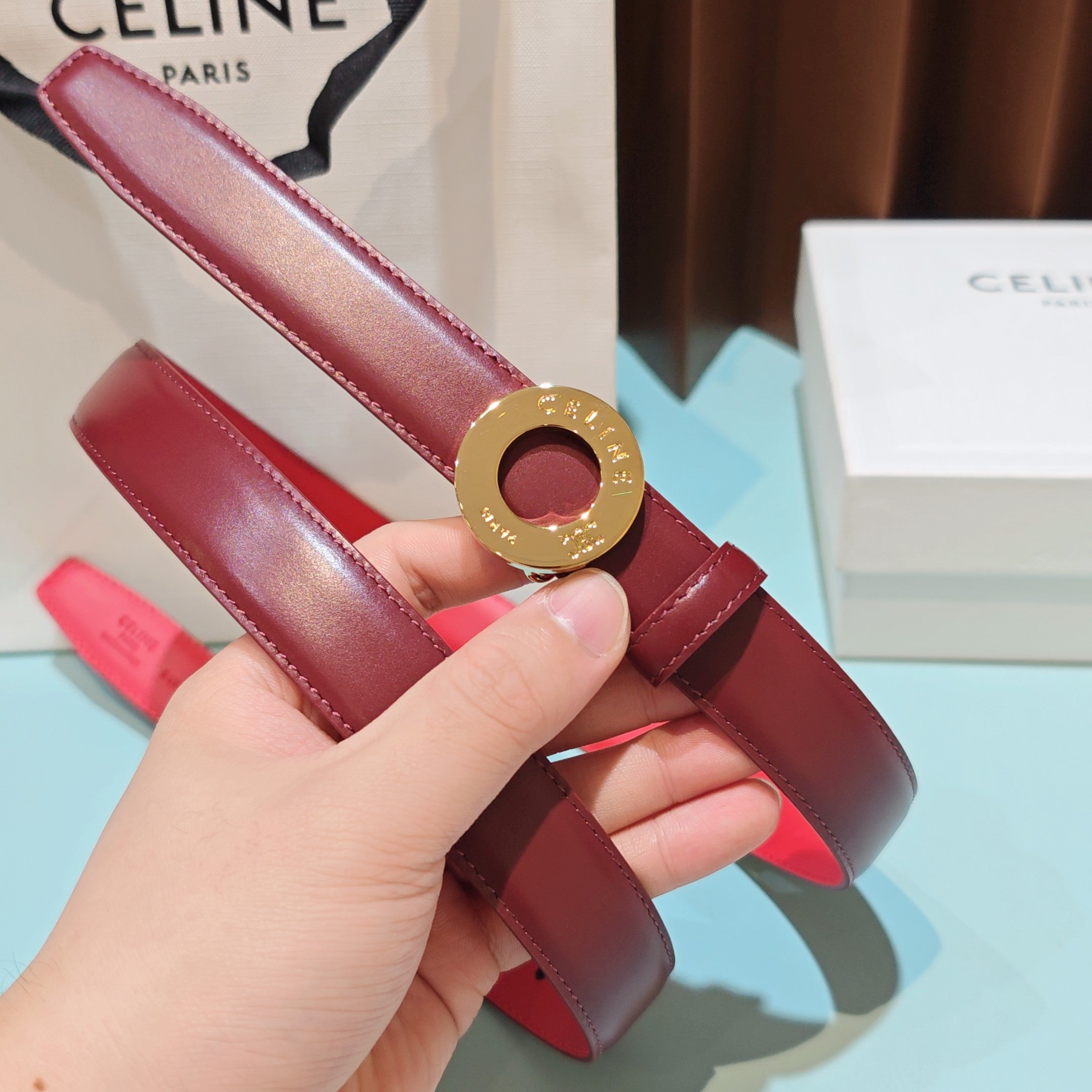 Celine 2026 Disc Buckle Reversible Strap Belt 25mm Leather 196682