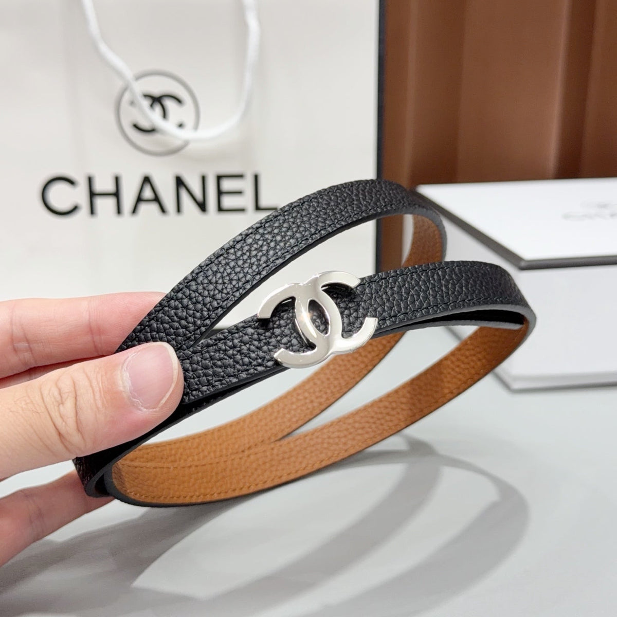 Chanel 2026 Slim Leather Logo Buckle Belt 15mm