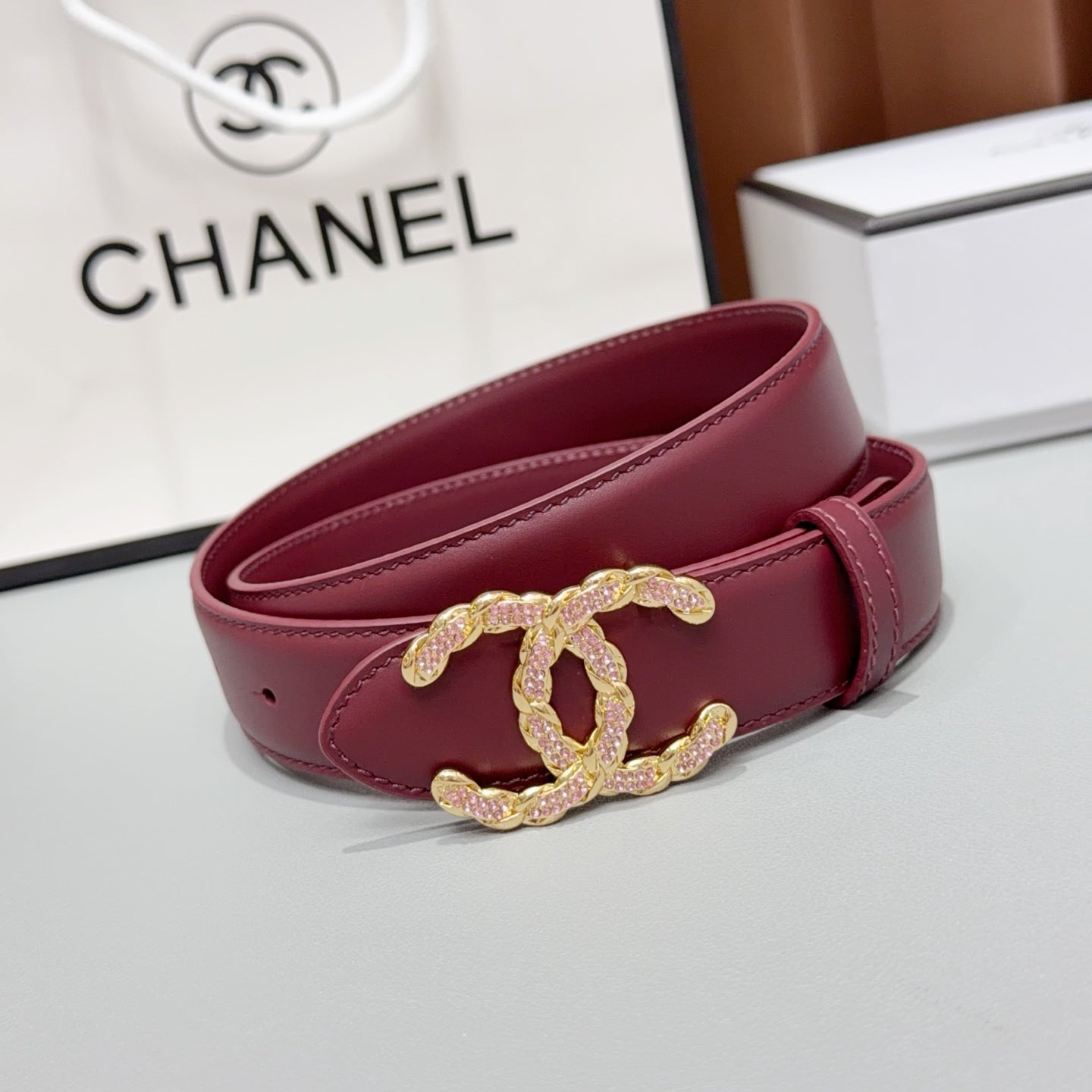 Chanel 2026 Double CC Crystal Buckle Belt 30mm Cowhide