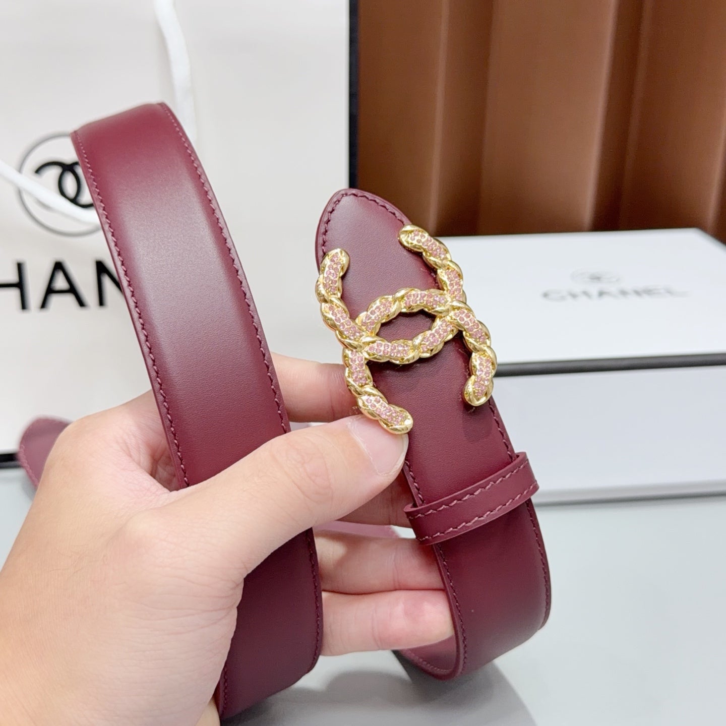 Chanel 2026 Double CC Crystal Buckle Belt 30mm Cowhide