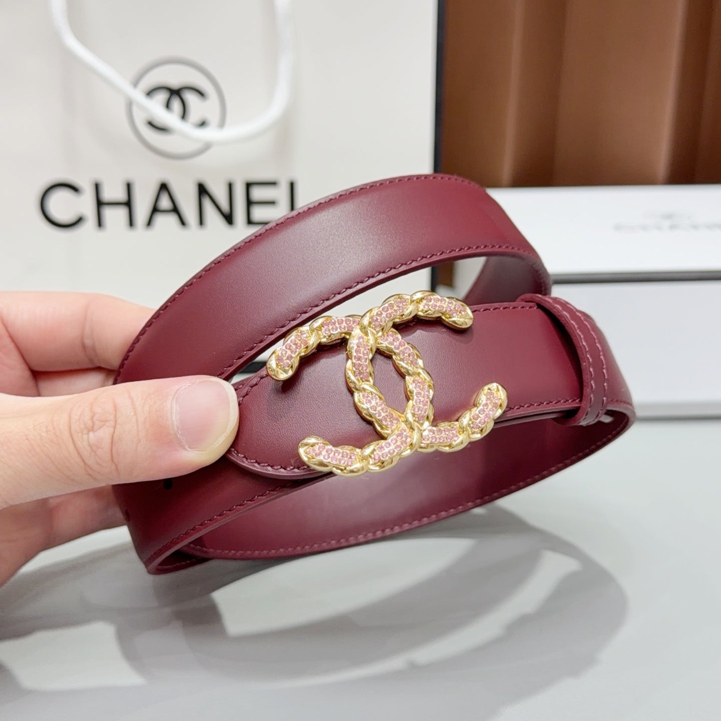 Chanel 2026 Double CC Crystal Buckle Belt 30mm Cowhide