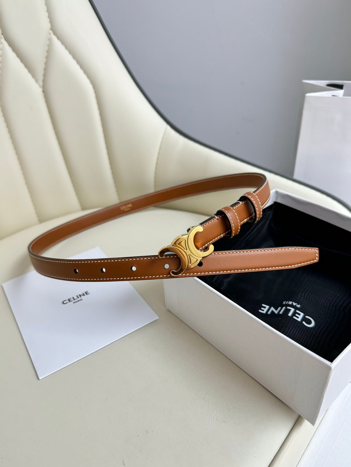 SMALL TRIOMPHE BELT 18 MM BRONZE BROWN LEATHER GOLD HARDWARE