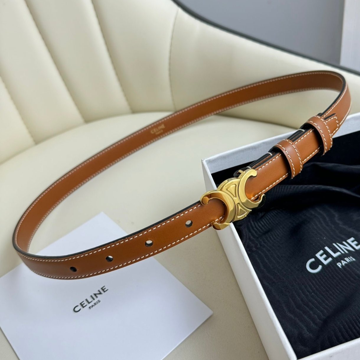 SMALL TRIOMPHE BELT 18 MM BRONZE BROWN LEATHER GOLD HARDWARE