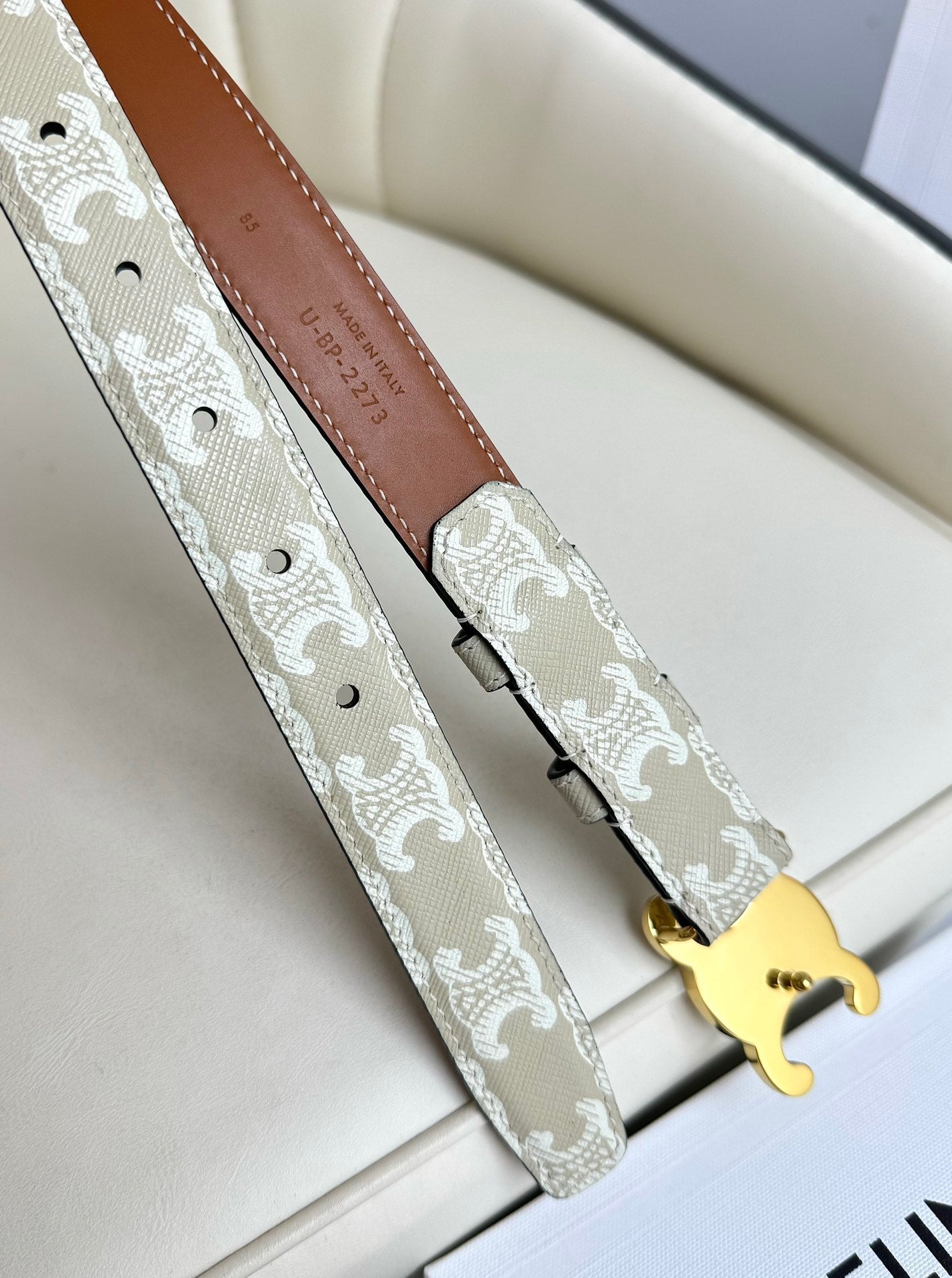 CEL Gold 25mm Triomphe Belt White Beige Canvas 180418