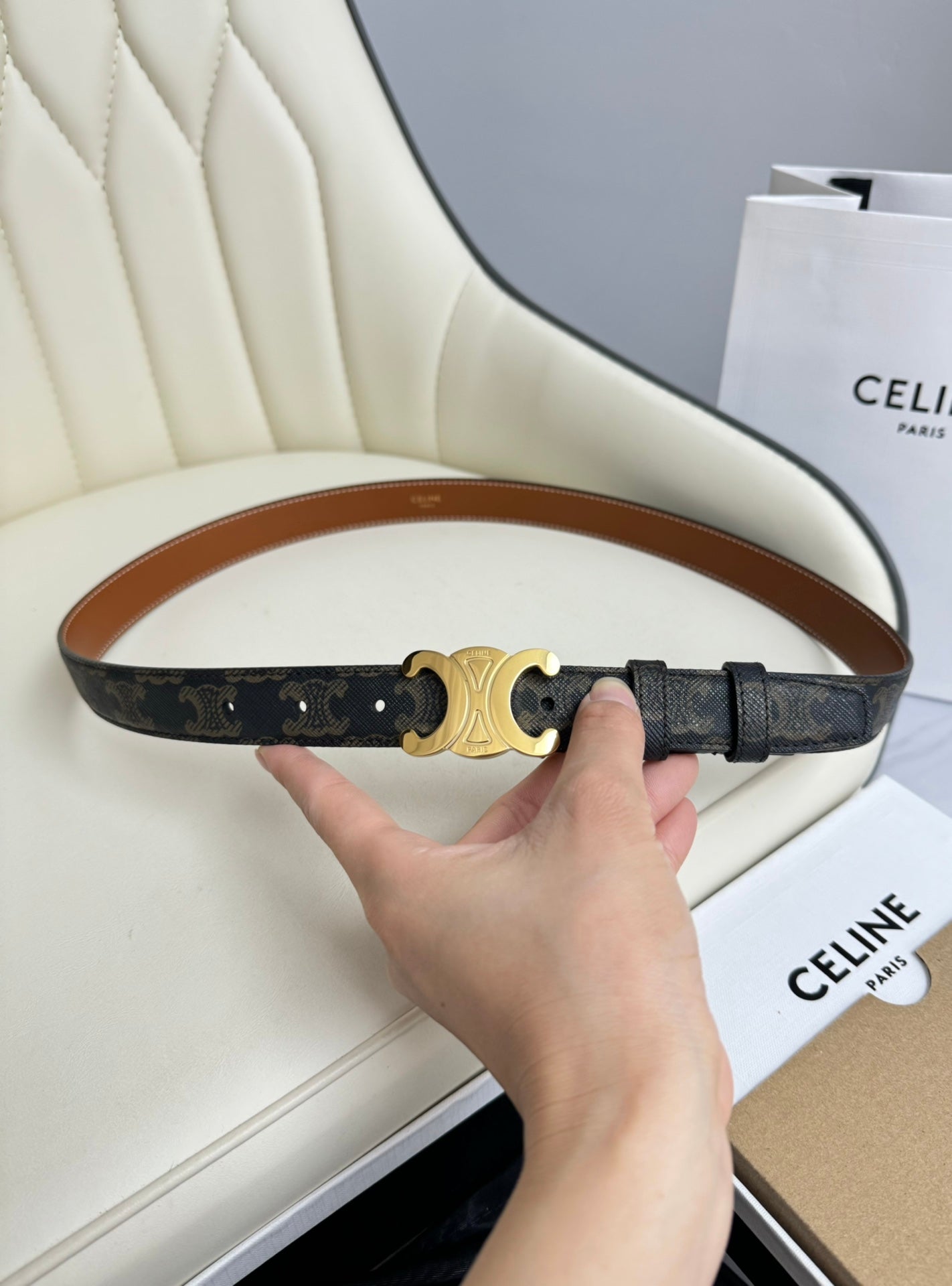 CEL Gold 25mm Triomphe Belt Blue Canvas 180417