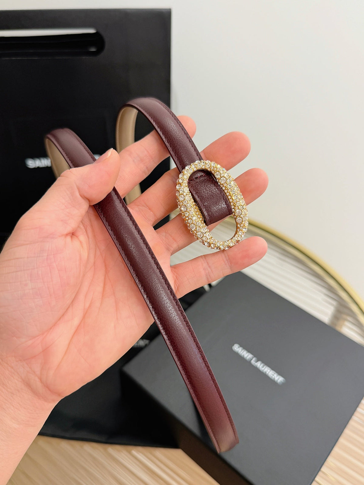 Saint Laurent 2026 Oval Belt 15mm Burgundy Leather 219084