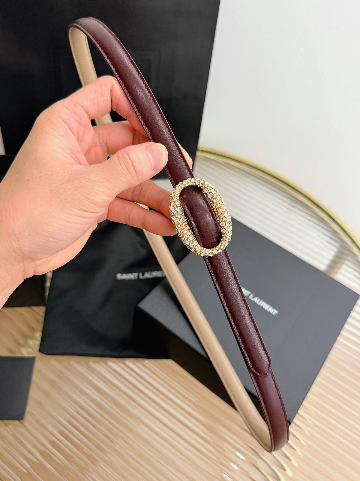 Saint Laurent 2026 Oval Belt 15mm Burgundy Leather 219084