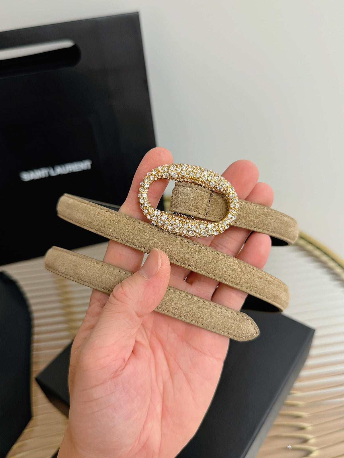 Saint Laurent 2026 Oval Belt 15mm Beige Suede 219123