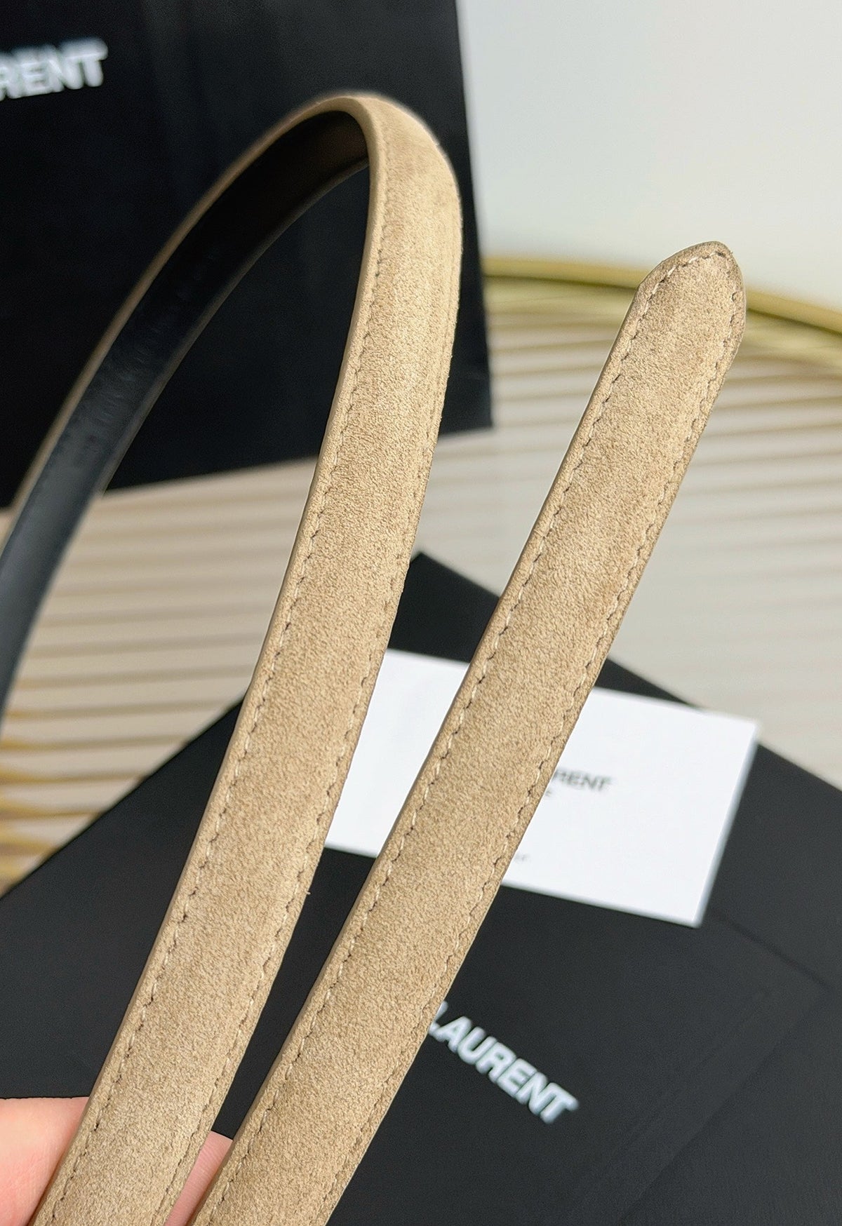 Saint Laurent 2026 Oval Belt 15mm Beige Suede 219123