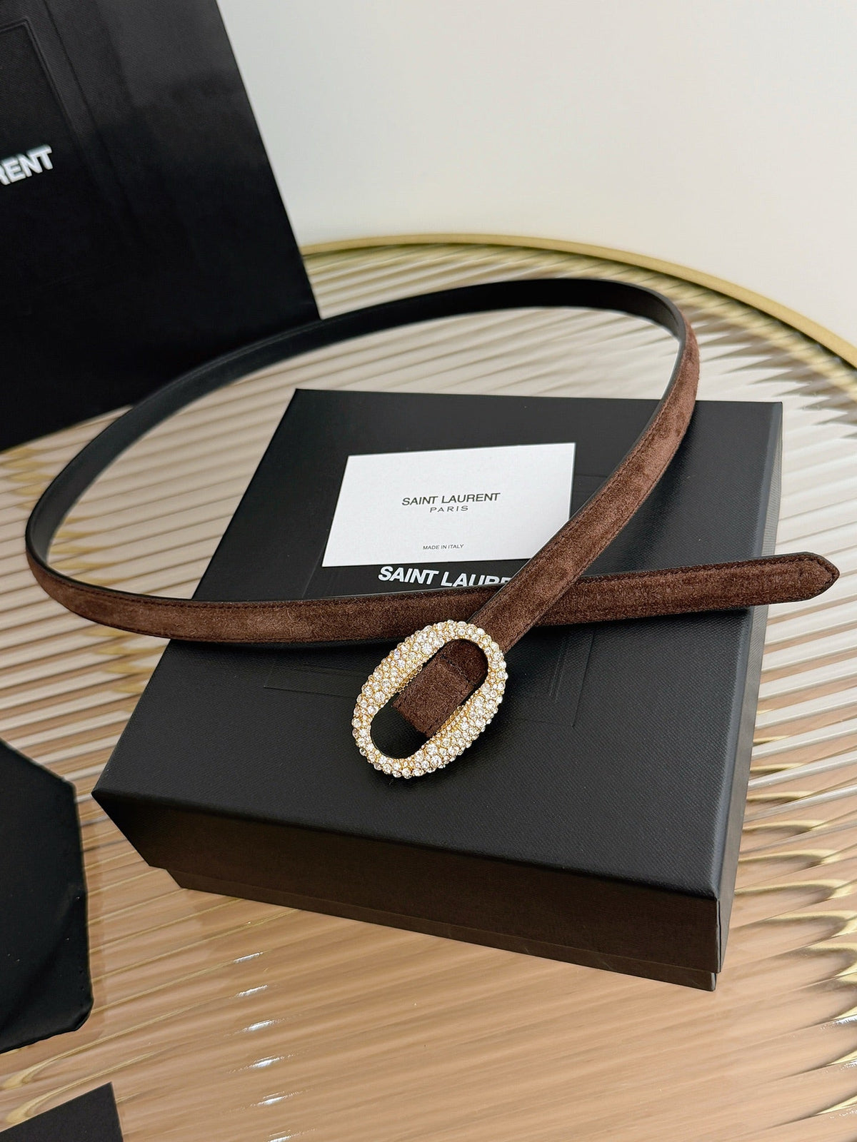 Saint Laurent 2026 Oval Belt 15mm Brown Suede 219134