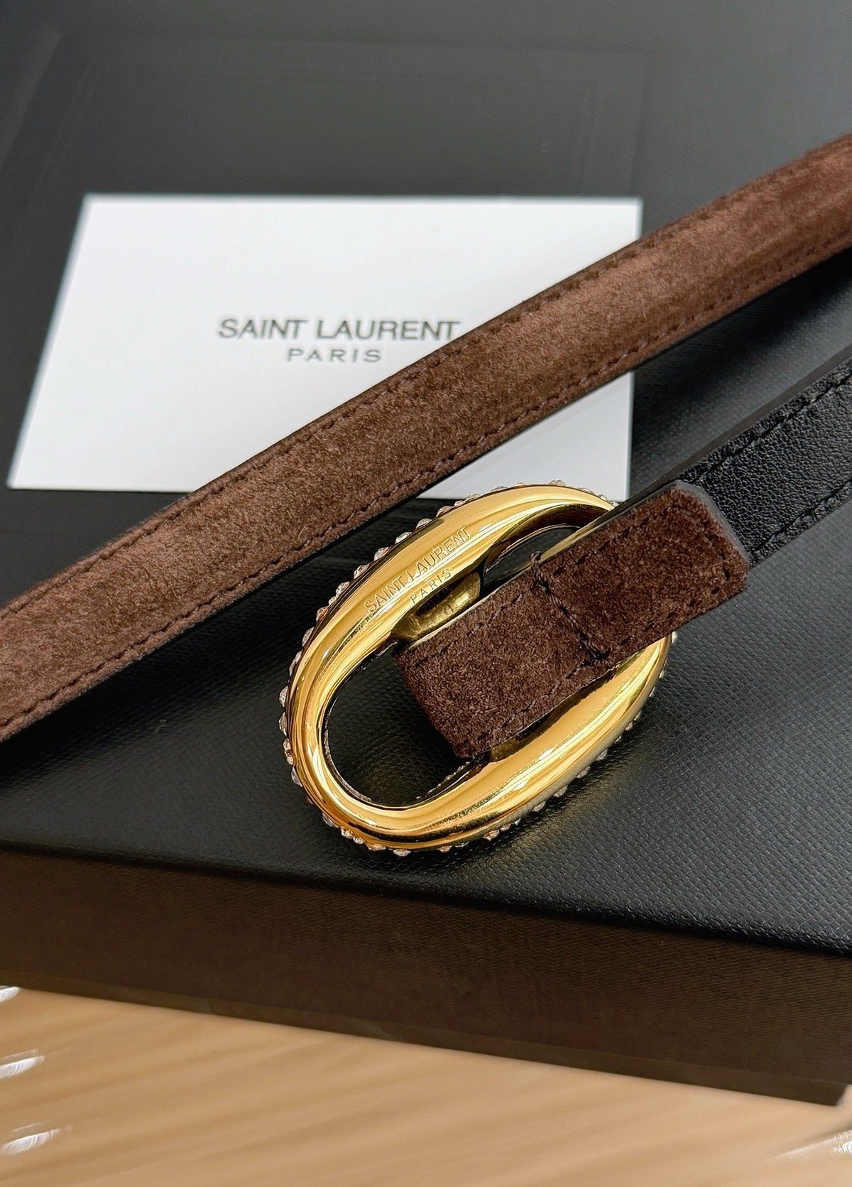 Saint Laurent 2026 Oval Belt 15mm Brown Suede 219134