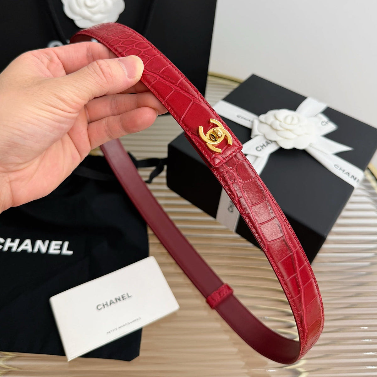 Chanel 2026 Crocodile Embossed Belt 25mm Gold Hardware Leather 219797